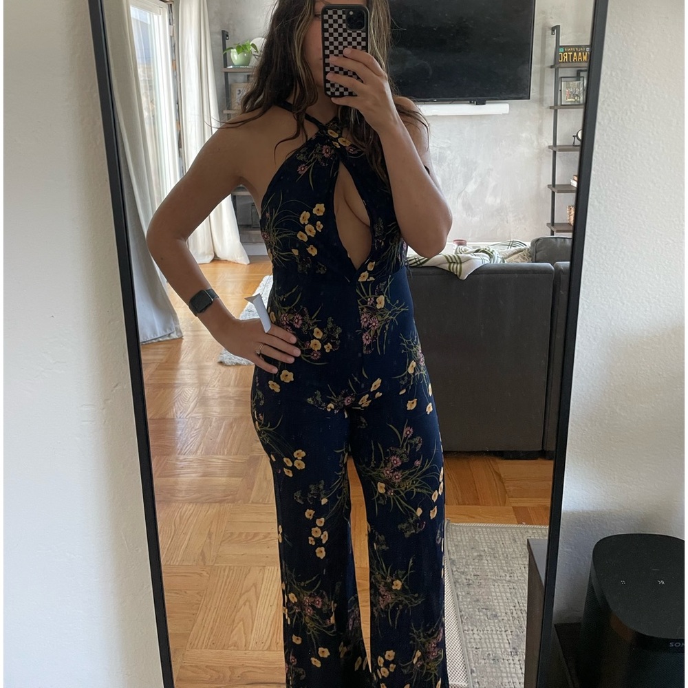 Reformation Floral Print Halterneck Jumpsuit Navy (Mademoiselle)